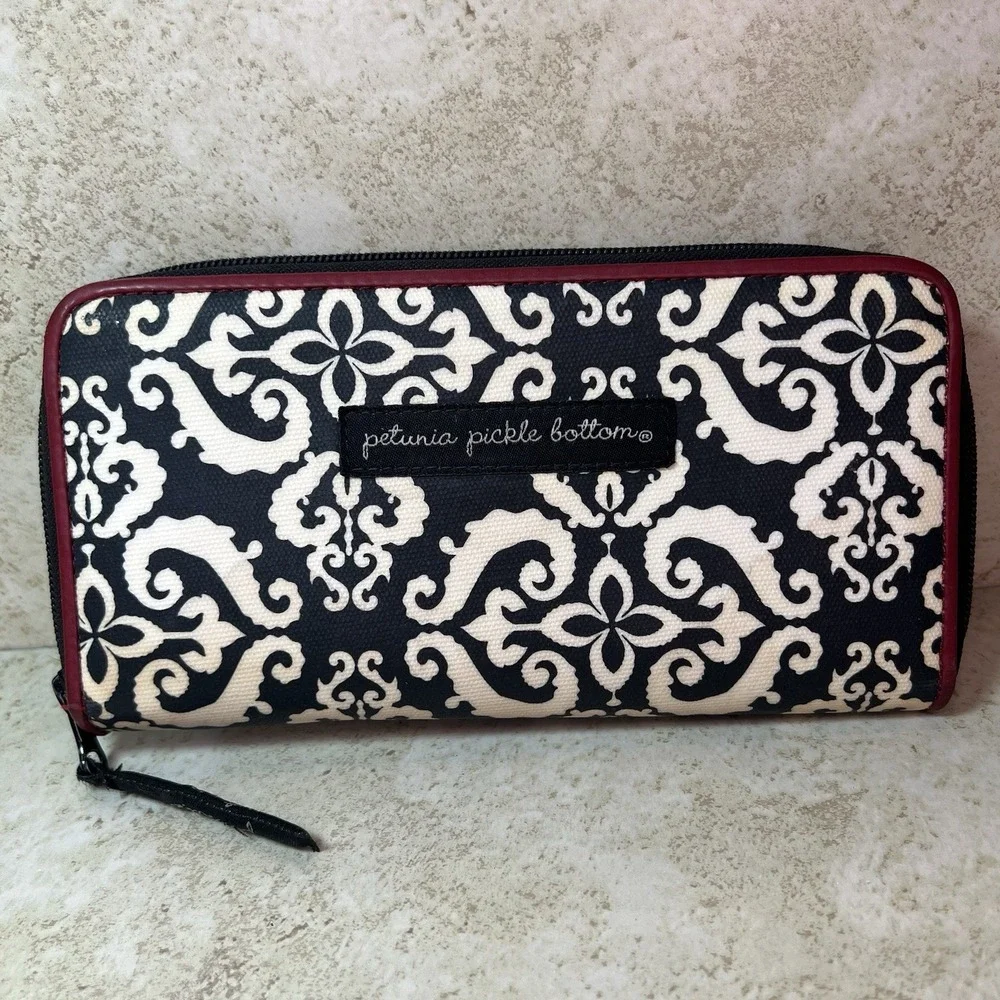 Petunia Pickle Bottom Black & White Damask Wallet Zip Red Trim Long Multi Pocket